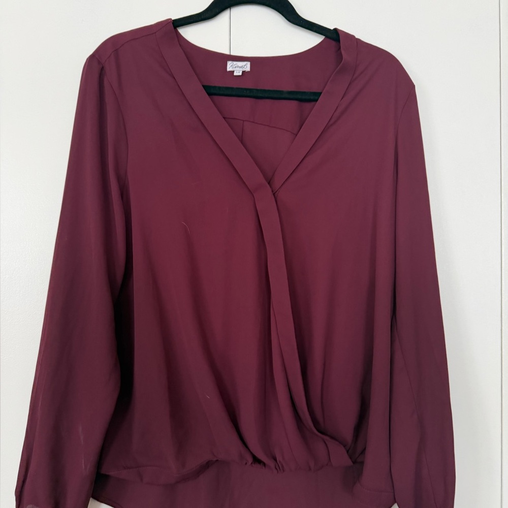 Kismet Burgundy Surplice Wrap Blouse Large Flowy Long Sleeve Career Top Size L - Picture 1 of 8